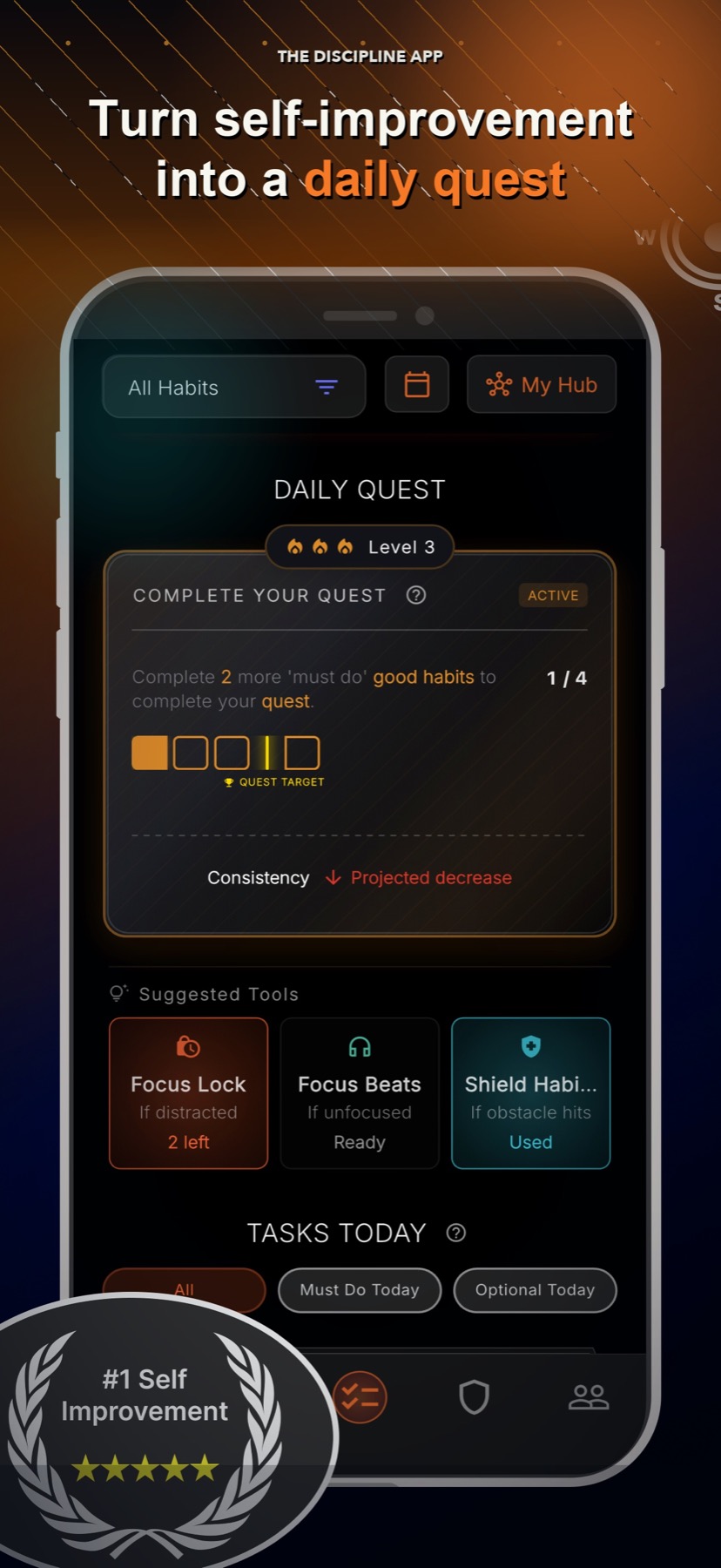 LyfeArc Daily Quest screen with today's habits and focus tools.