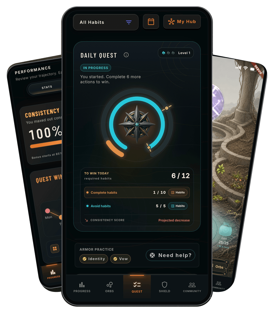 Real LyfeArc screens showing the Daily Quest, performance, and Grove.