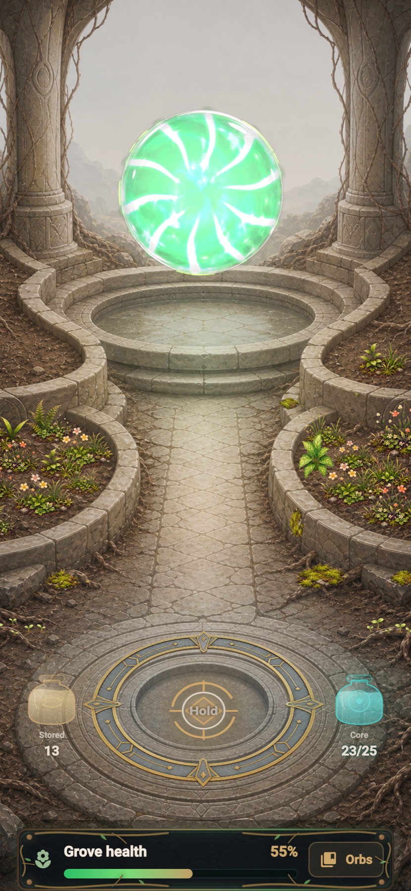 LyfeArc Life Orb screen with a charged orb, growing Grove, stored energy, and Grove health.